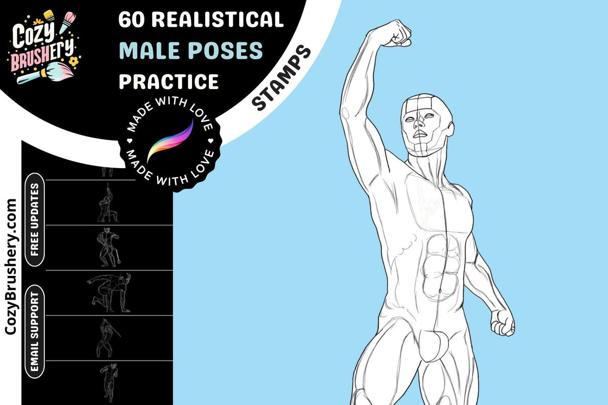 60 Realistic Male Anatomy Pose Stamps - Procreate Muscle and Body Guide - Cozy Brushery