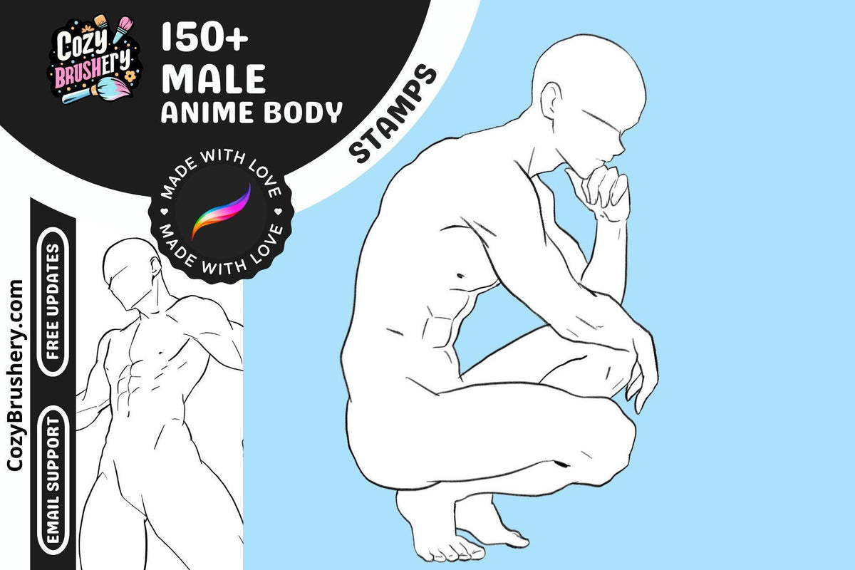 Anime Male Body Template Stamps for Procreate - High-Quality, Quick Pose & Body Outlines for Art - Cozy Brushery