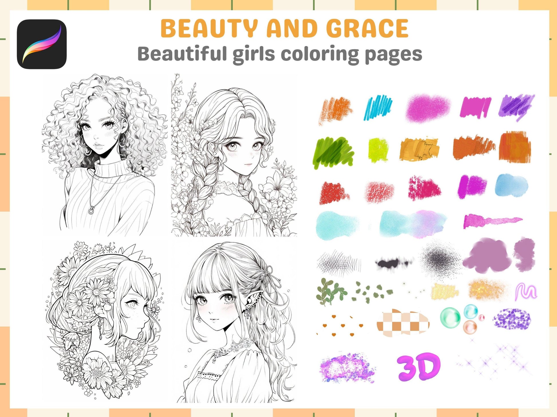 Art with Heart, Coloring Cute Girls for Gaza Support, Procreate Happy Coloring Pages Magic with extra procreate brushes, watercolor, oil - Cozy Brushery