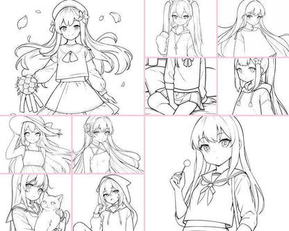 Cute Kawaii Anime Girls Coloring Pages for download - PNG Files - Gift Deep Relaxation Anti Stress - Digital Coloring Print - Cozy Brushery