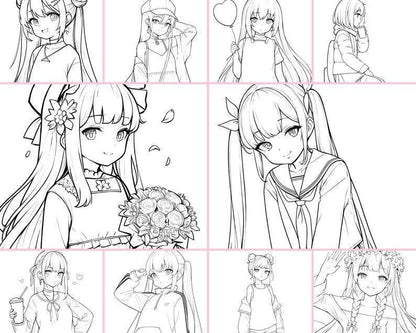 Cute Kawaii Anime Girls Coloring Pages for download - PNG Files - Gift Deep Relaxation Anti Stress - Digital Coloring Print - Cozy Brushery