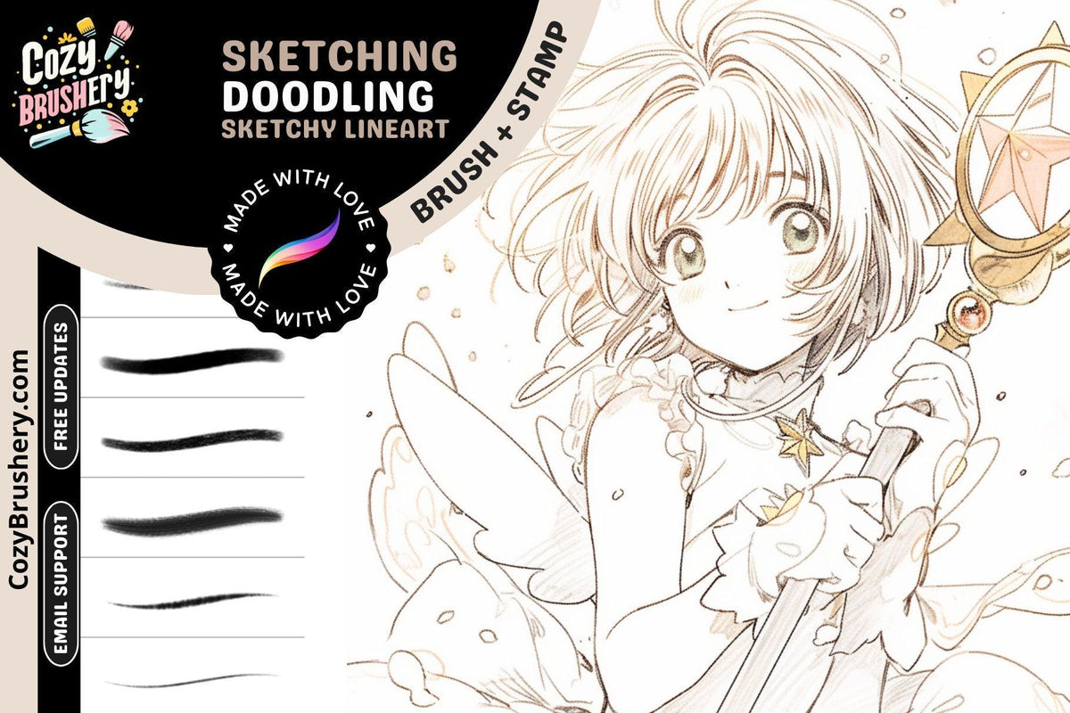 Cozy Sketch Master, Ultimate Anime and Manga Sketching Procreate Brush Set - 18 Diverse Brushes for Comics and Doodling - Cozy Brushery