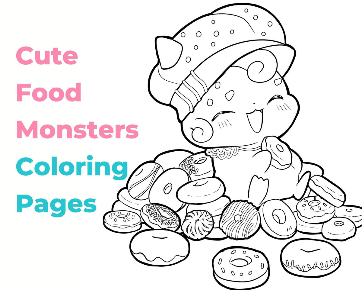 Cute Coloring Pages for Seniors and Adults - Cute Food Monsters Munch - Cozy Brushery