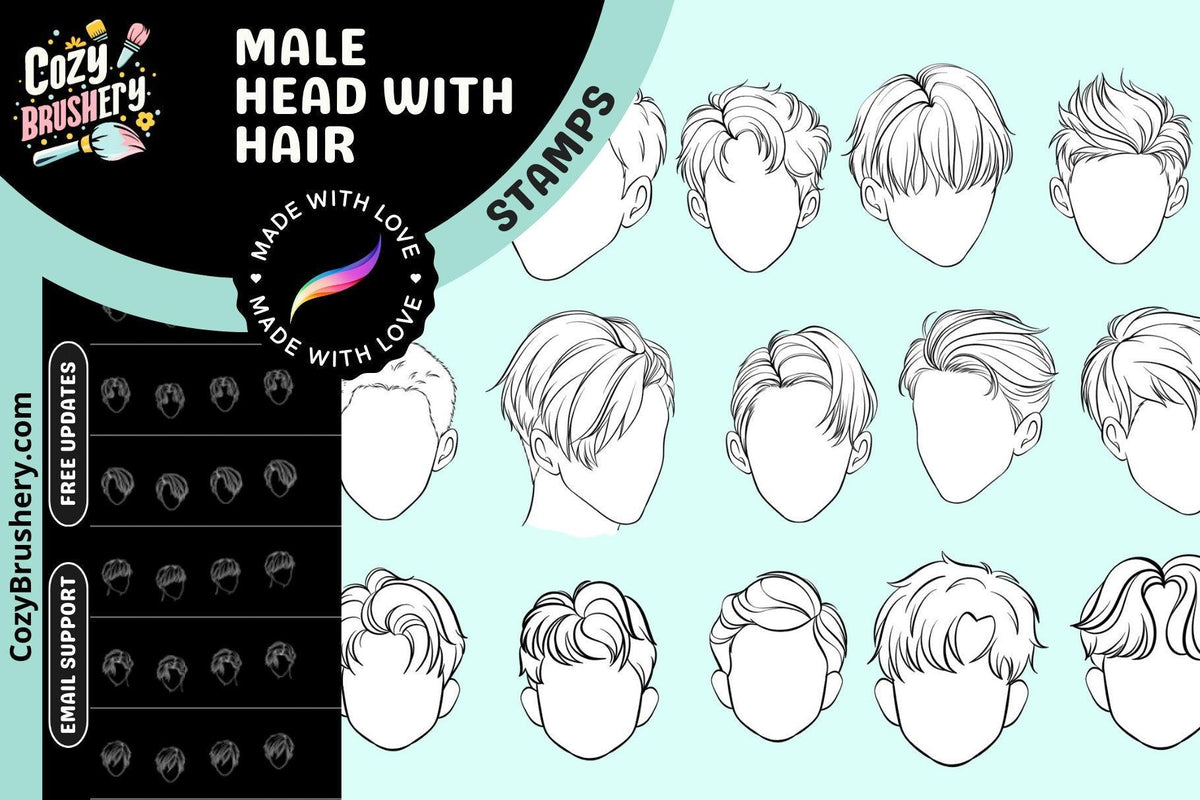 Dynamic Male Portrait & Hair Stamp Set - 50 Procreate Brushes for Anime, Manga, Realism - Cozy Brushery