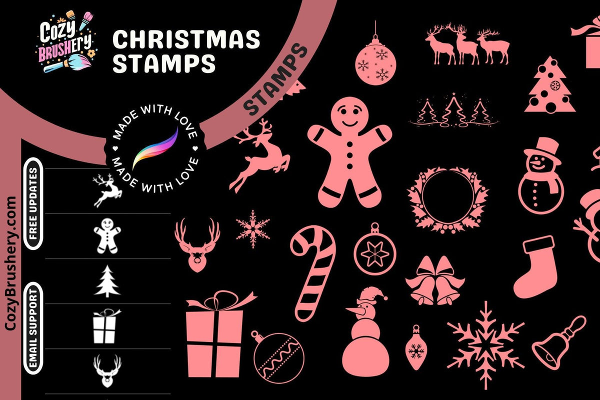 Festive Christmas Stamp Collection - 60 Adorable Themed Procreate Brushes for Holiday Art - Cozy Brushery