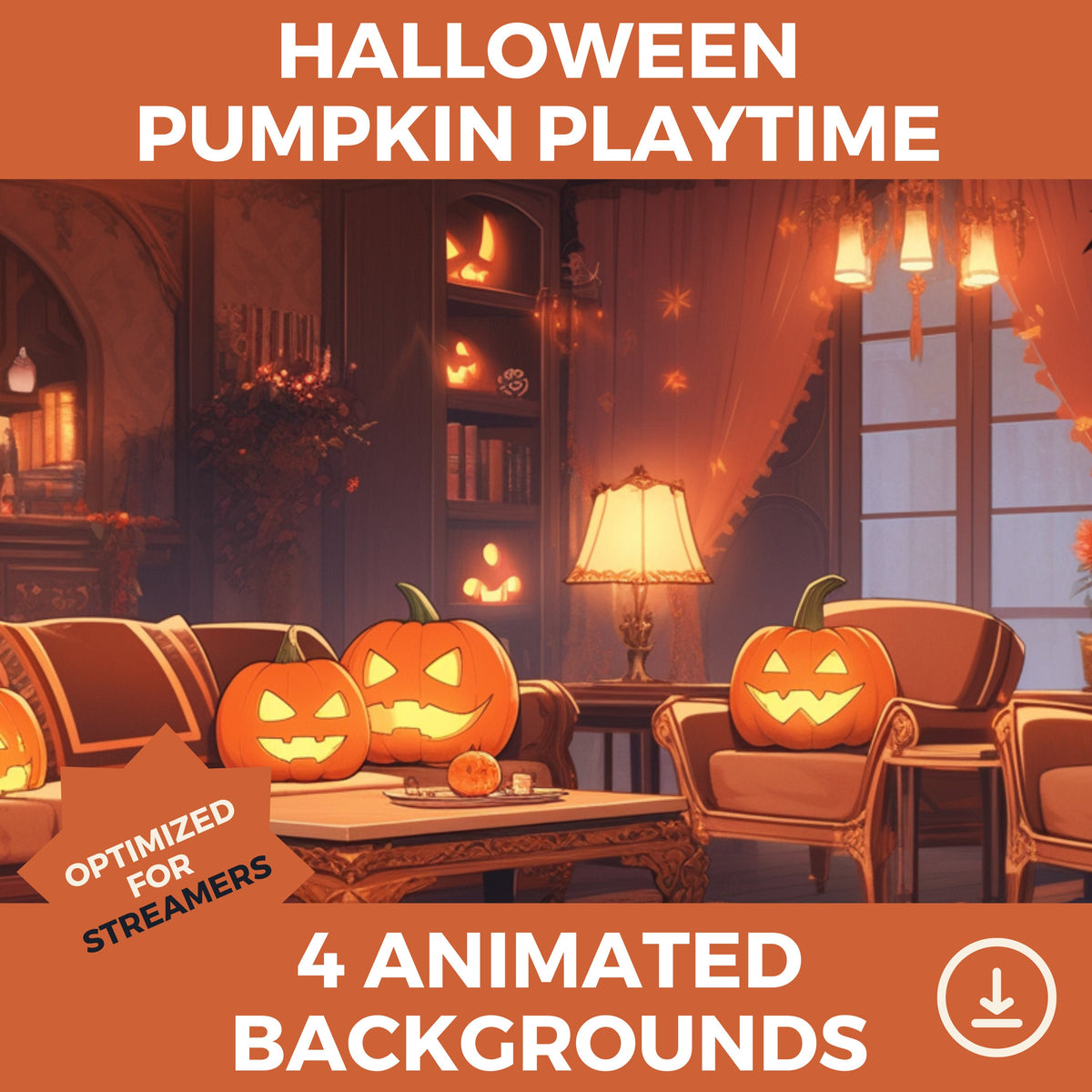 Vtuber animierter Hintergrund, Halloween-Set, orangefarbener Kürbis, gemütliche Lofi-Stadtatmosphäre, Stream-Overlay, nahtlos geschlungener Vtuber-Hintergrund