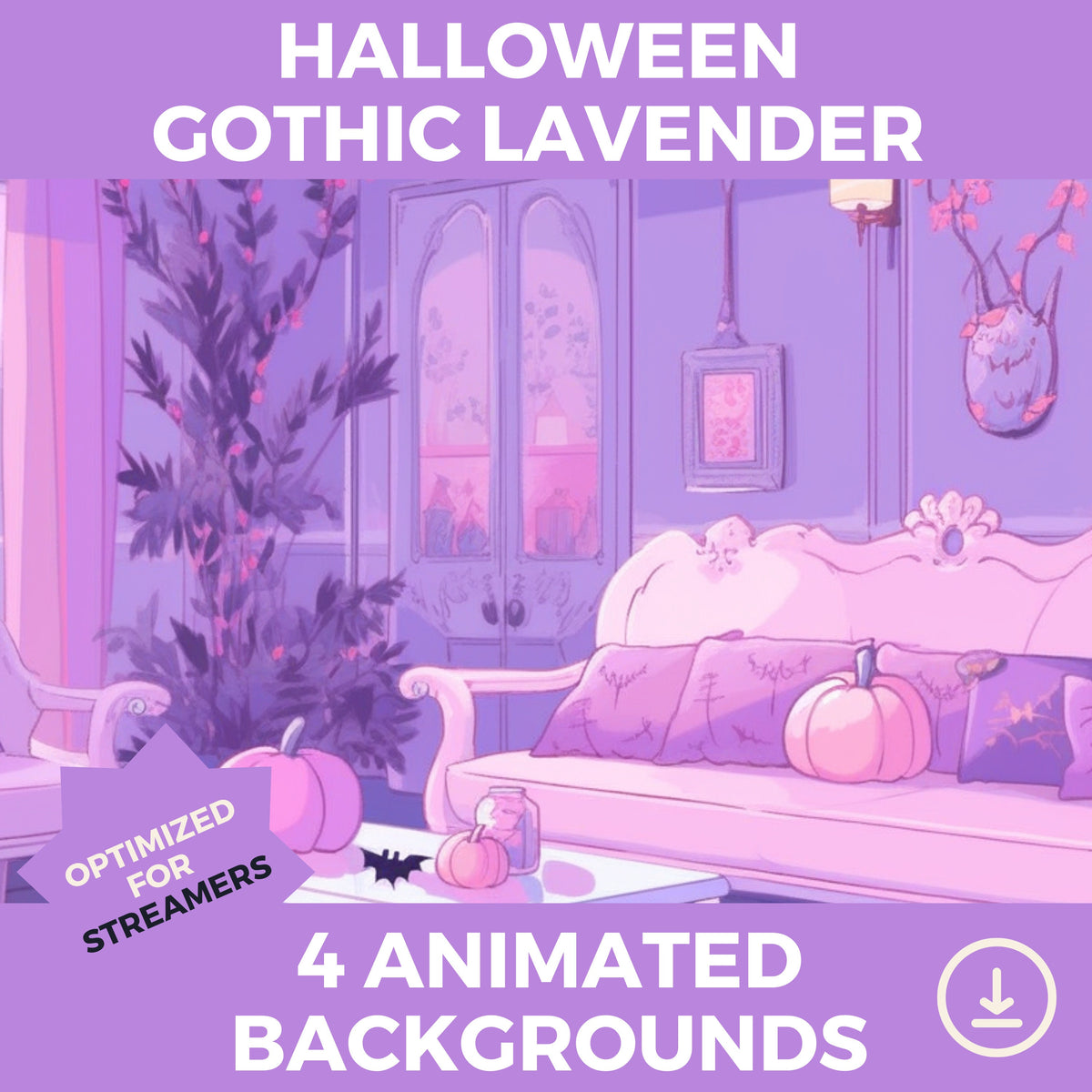 Niedlicher Vtuber-animierter Hintergrund-Halloween-Set, lila gotischer Lavendel, gemütliche Lofi-Stadtatmosphäre, Stream-Overlay, nahtloser Schleifenhintergrund