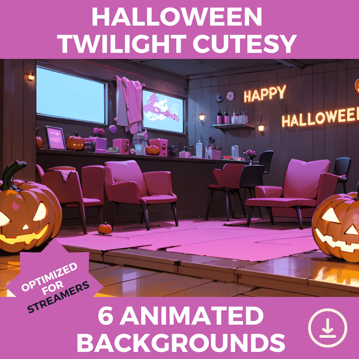Vtuber niedlicher animierter Hintergrund, Halloween-Set, Dämmerung, niedlich, Ambiente, gemütliche Lofi-Stadt, Stream-Overlay, nahtlos geschlungener Vtuber-Hintergrund