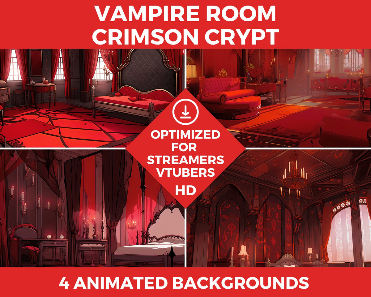 Vtuber animiertes Hintergrund-Halloween-Vampir-Raumset, gemütliches Lofi-Ambiente, Stream-Overlay, nahtlos geschlungener Vtuber-Hintergrund