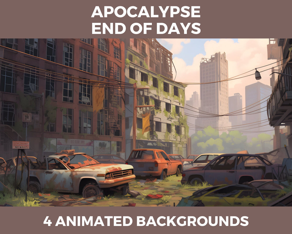 Vtuber animierter Hintergrund, Zombie-Set, Apokalypse, trostlose Straßen, gemütliche Lofi-Atmosphäre, Stream-Overlay, nahtloser, geschlungener Vtuber-Hintergrund
