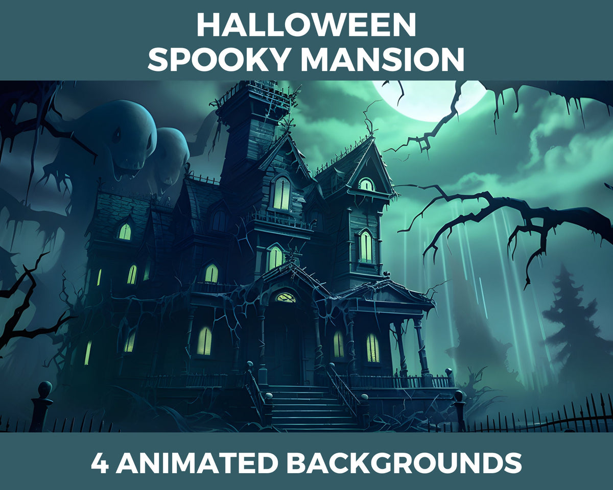 Vtuber animierter Hintergrund Halloween Spooky Mansion, gemütliche Lofi-Atmosphäre, Stream-Overlay, nahtlos geschlungener Vtuber-Hintergrund