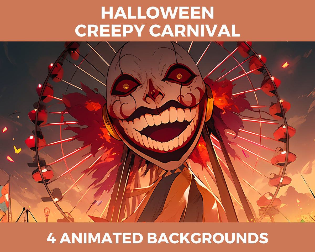 Vtuber animierter Hintergrund, gruseliger Halloween-Karneval, gemütliche Lofi-Atmosphäre, Stream-Overlay, nahtlos geschlungener Vtuber-Hintergrund