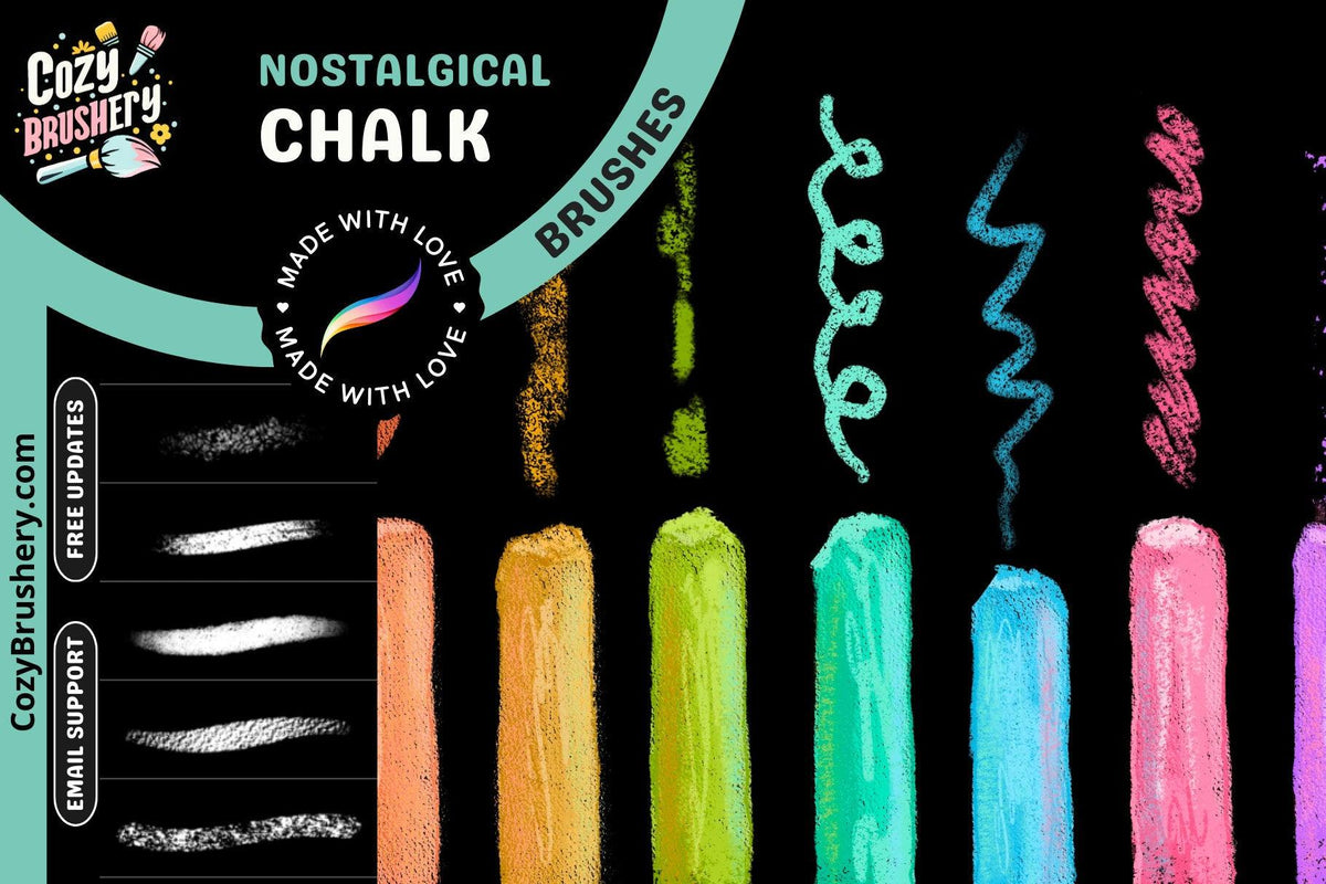Nostalgic Chalk Brushes - 31 Texture-Rich, Manga-Inspired Procreate Tools, for drawing and lettering, cute or realism - Cozy Brushery