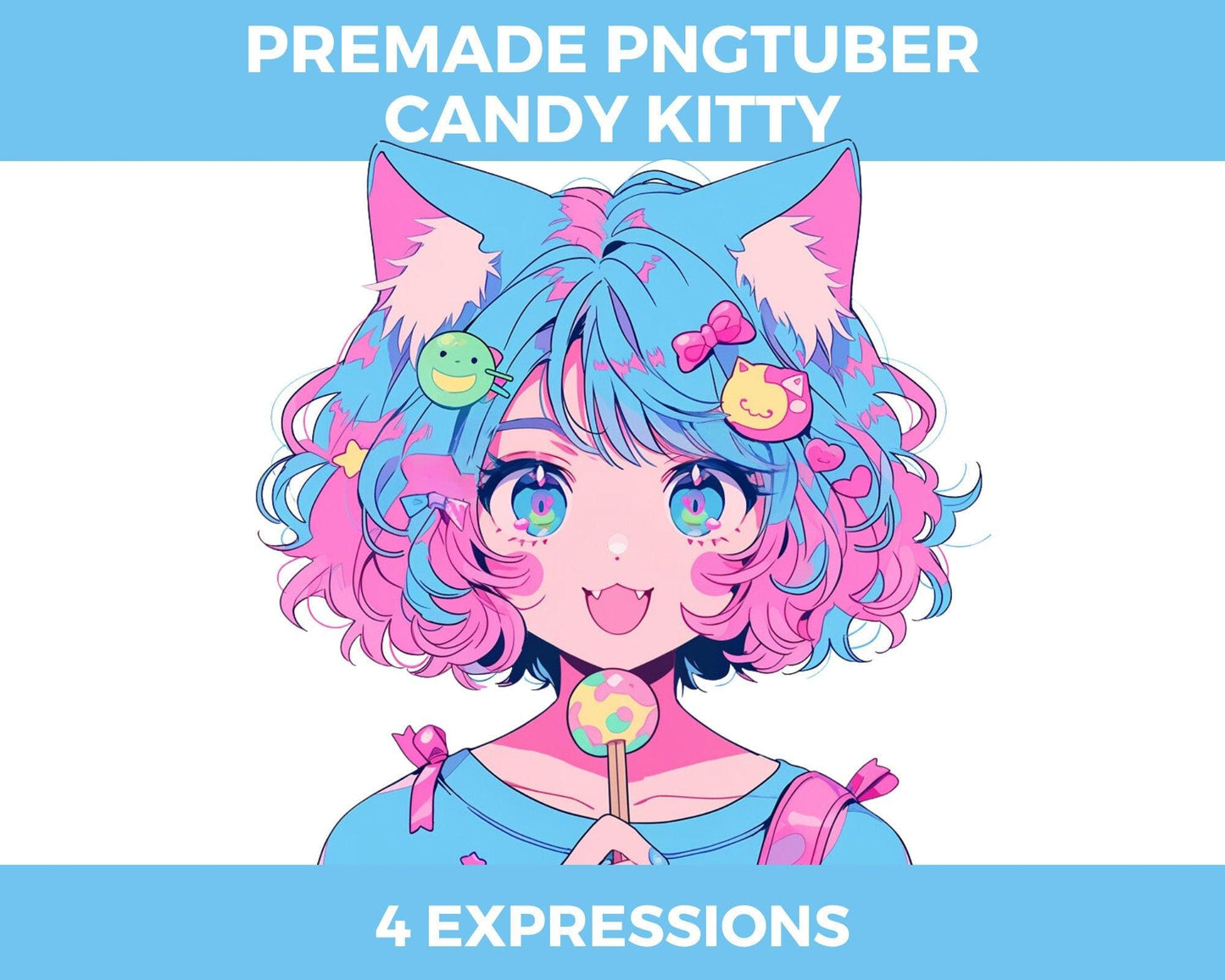 Premade PNGTuber Anime Cat Girl Candy Kitty, 4 Expressions, ready to go, for streaming, youtube, twitch, 2D - Cozy Brushery