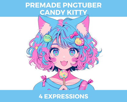 Premade PNGTuber Anime Cat Girl Candy Kitty, 4 Expressions, ready to go, for streaming, youtube, twitch, 2D - Cozy Brushery