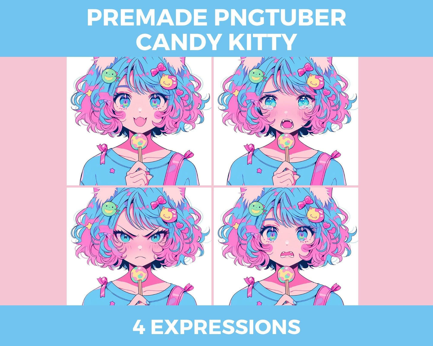 Premade PNGTuber Anime Cat Girl Candy Kitty, 4 Expressions, ready to go, for streaming, youtube, twitch, 2D - Cozy Brushery