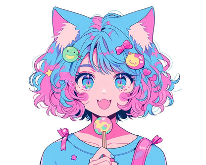 Premade PNGTuber Anime Cat Girl Candy Kitty, 4 Expressions, ready to go, for streaming, youtube, twitch, 2D - Cozy Brushery