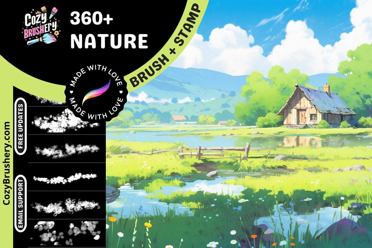 Procreate Anime Nature Foliage Background Brushes and Stamps - Ghibli, Makoto Shinkai, Grass, Clouds, Trees Ultimate Relaxation Kit - Cozy Brushery