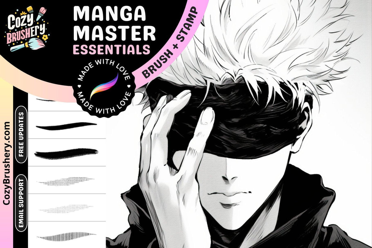 Procreate Manga Master Brush Set: 400+ Essential Manga Brushes, Halftones and Extra Brushes, Frames, Sparkles, Smoke, Speech Bubbles - Cozy Brushery