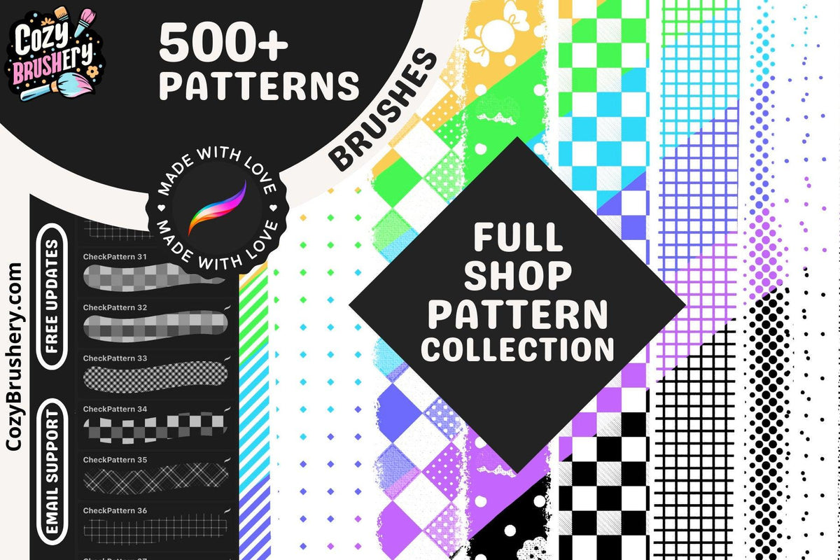 Procreate Patterns Seamless, Textures, Halftones, Fabric, Chinese Patterns, Manga Tones - ENTIRE COLLECTION BUNDLE+free future updates - Cozy Brushery