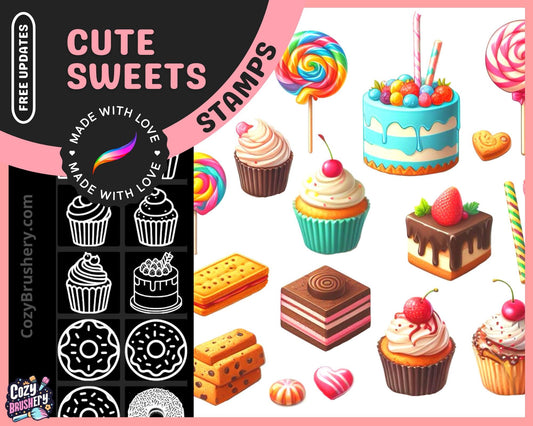 Sweet dessert factory, Procreate Food Brushes, Cakes, Cookies, Icecream, Lollipop, Parfait, Macarons, Donuts - Cozy Brushery