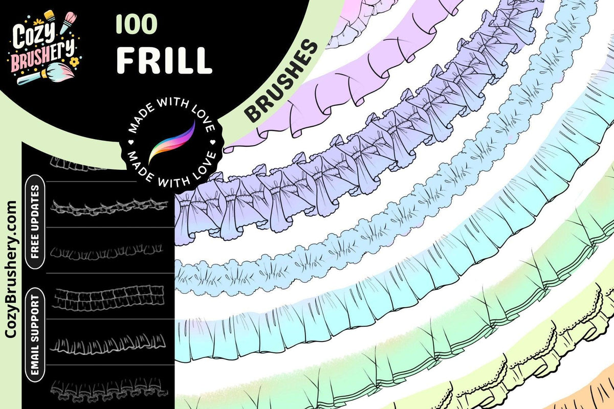 Ultimate Frill Brush Collection: 100 Varied Frills for Dresses and Skirts in Procreate, Ruffle Brushes - Cozy Brushery