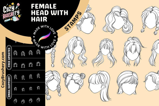 Ultimate Girl Head and Hair Stamp Collection - 70 Procreate Brushes for Anime, Manga & Realism - Cozy Brushery