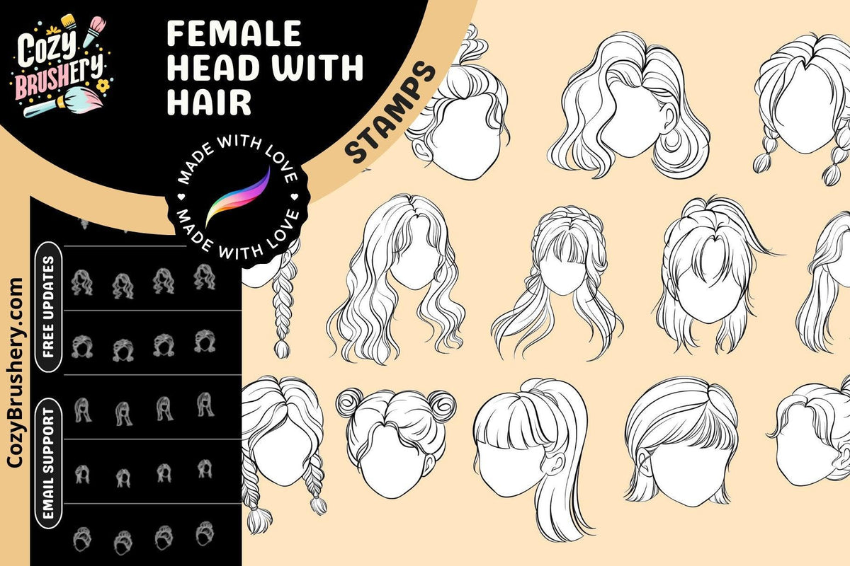 Ultimate Girl Head and Hair Stamp Collection - 70 Procreate Brushes for Anime, Manga & Realism - Cozy Brushery