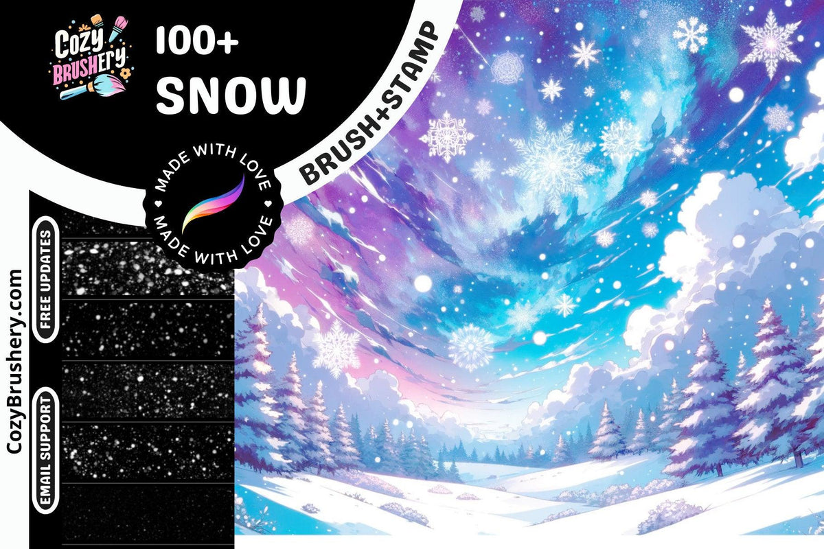 Ultimate Snow Brushes & Stamps Pack - 100+ Realistic and Anime Snow Brushes, 70+ Snow Stamps for Procreate - Cozy Brushery