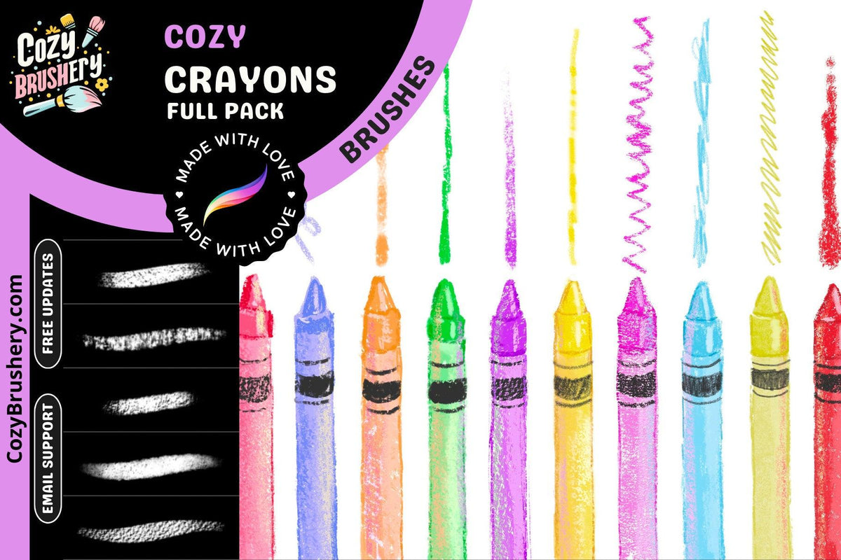 Versatile Crayon Brush Set - 55 Procreate Crayon Textures for All Art Styles, Oil Pastels, Chalky, Wax - Cozy Brushery