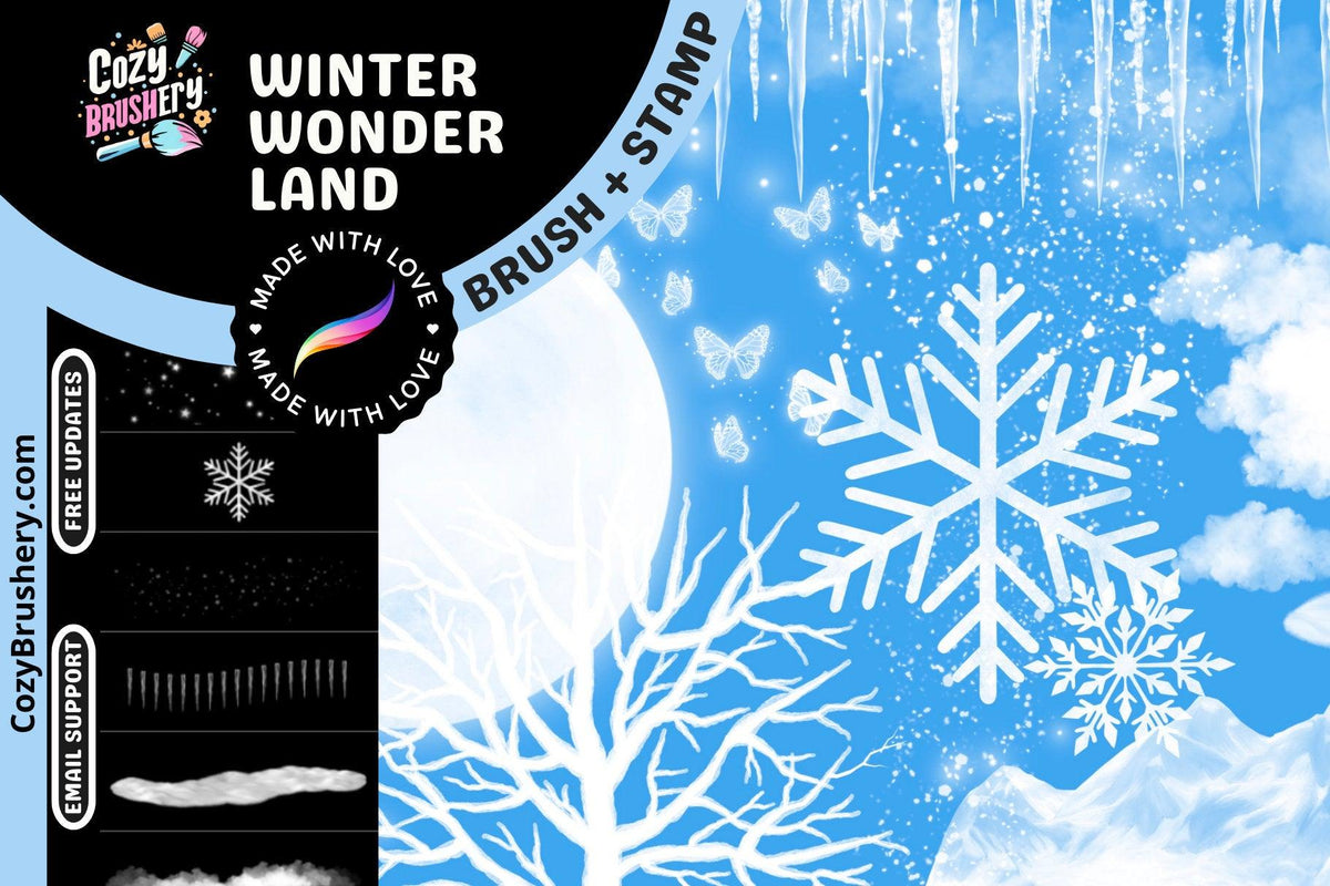 Winter Wonderland Procreate Brush Pack - Snow, Icicles, Trees, Fireworks, Christmas Lights, Magical Butterflies - Cozy Brushery